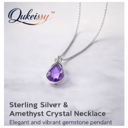 Qukeissy™ Sterling Silver & Amethyst Crystal Necklace, Sterling silver necklace, Amethyst crystal pendant, Minimalist jewelry, Luxury gemstone necklace, Unique necklace