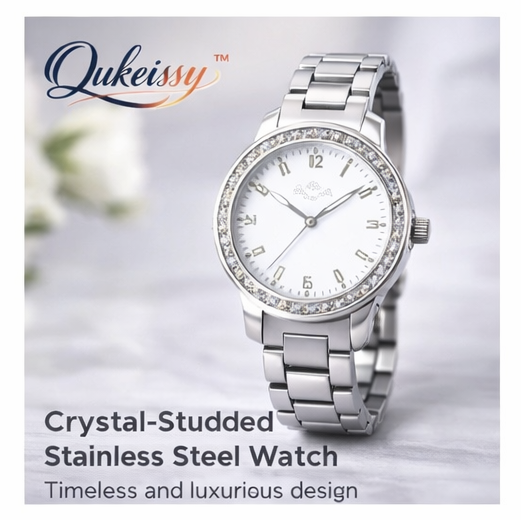 Qukeissy™ Crystal-Studded Stainless Steel Watch, Crystal watch, Stainless steel watch, Luxury watch, Minimalist timepiece, Elegant wristwatch